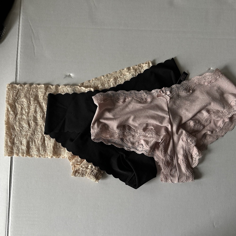 Victorias Secret Panty Bundle 3pk Cheeky Lace Shimmer Black Nude Rose Gold Large